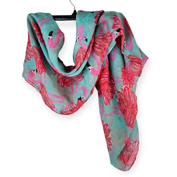 Flamingo Print Cowl Scarf Polyester Ocean Green Pink Peach Color 26”x36.5” - Picture 3 of 6